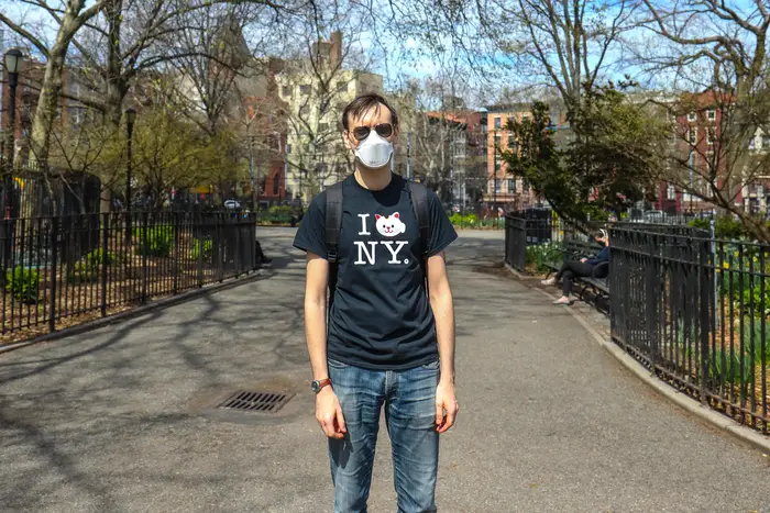 Man wearing I Heart NYC t-shirt and face mask.
